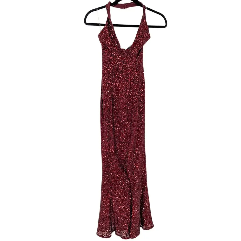 Babyboo Odette Wine Sequin Halter Maxi Dress Size S NWT Formal Gown - Picture 2 of 4